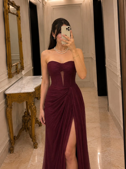 Strapless Pleated Gown with Cape & High Slit