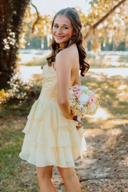Tiered Ruffled Chiffon Strapless Corset Dress