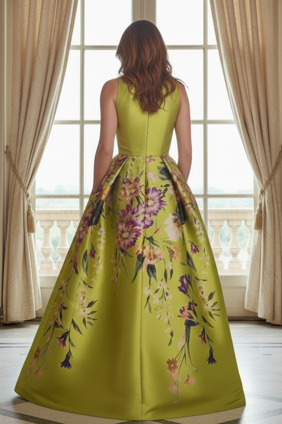 Floral Print Ball Gown with Belt and Pockets