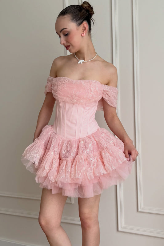 Off-the-Shoulder Corset Tiered Tulle Mini Dress