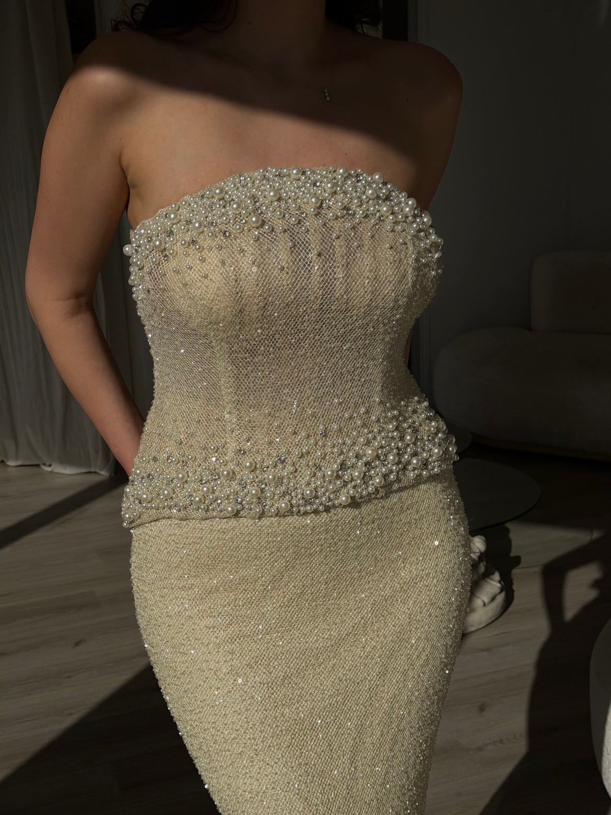 Strapless Pearl Beaded Corset Evening Gown