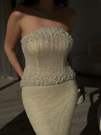 Strapless Pearl Beaded Corset Evening Gown