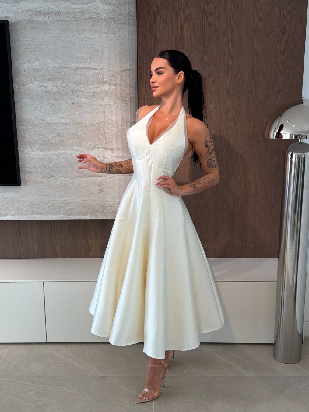 Halter V-Neck Satin A-Line Midi Dress