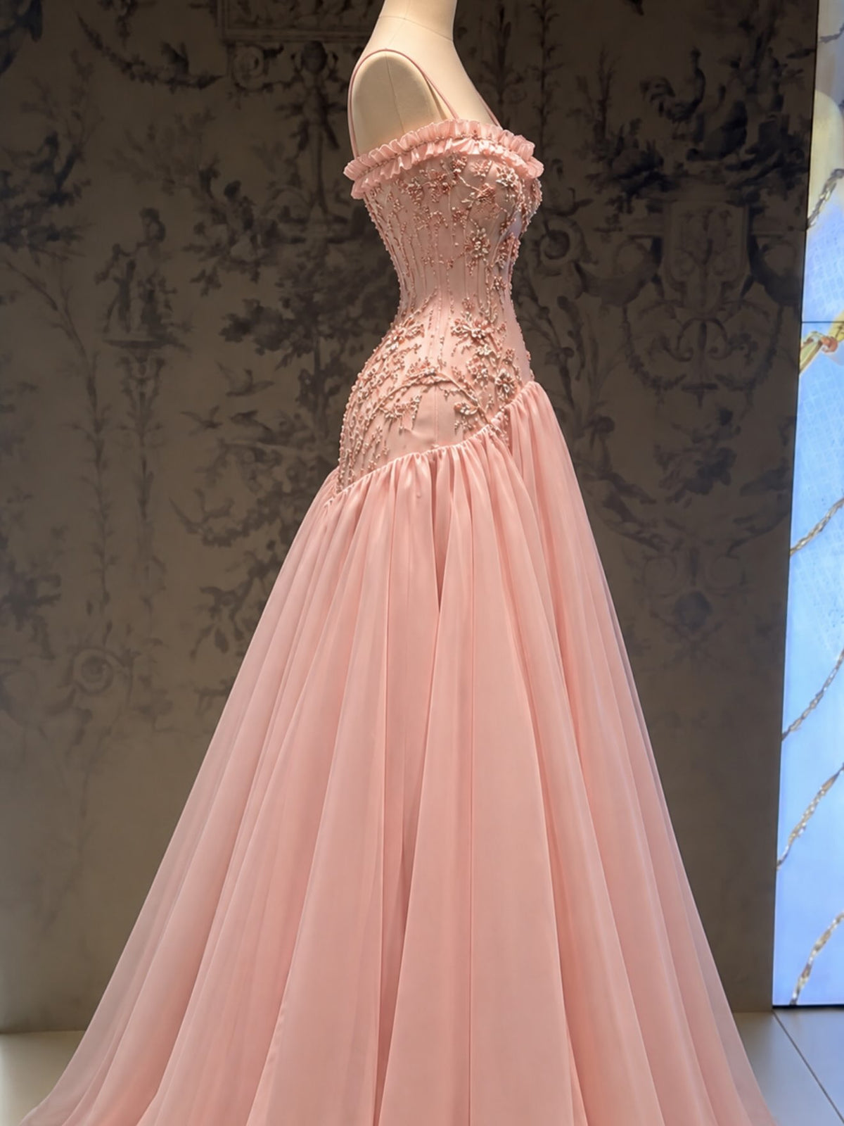 Embroidered Corset Ball Gown with Ruffle Neck