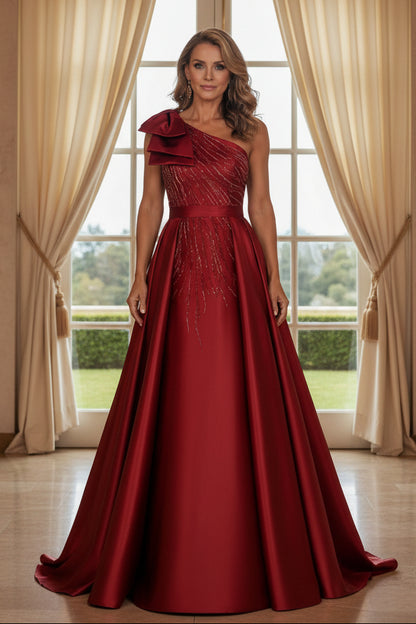 One-Shoulder Beaded Satin Ball Gown