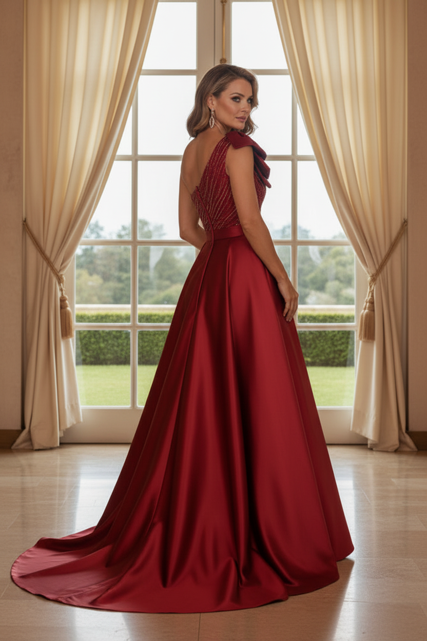 One-Shoulder Beaded Satin Ball Gown