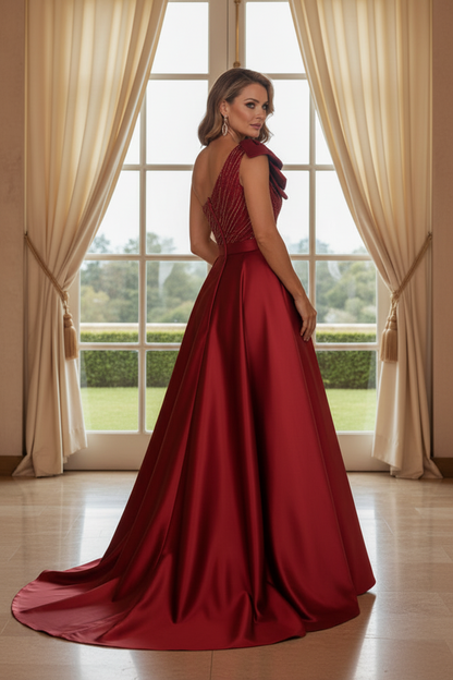 One-Shoulder Beaded Satin Ball Gown