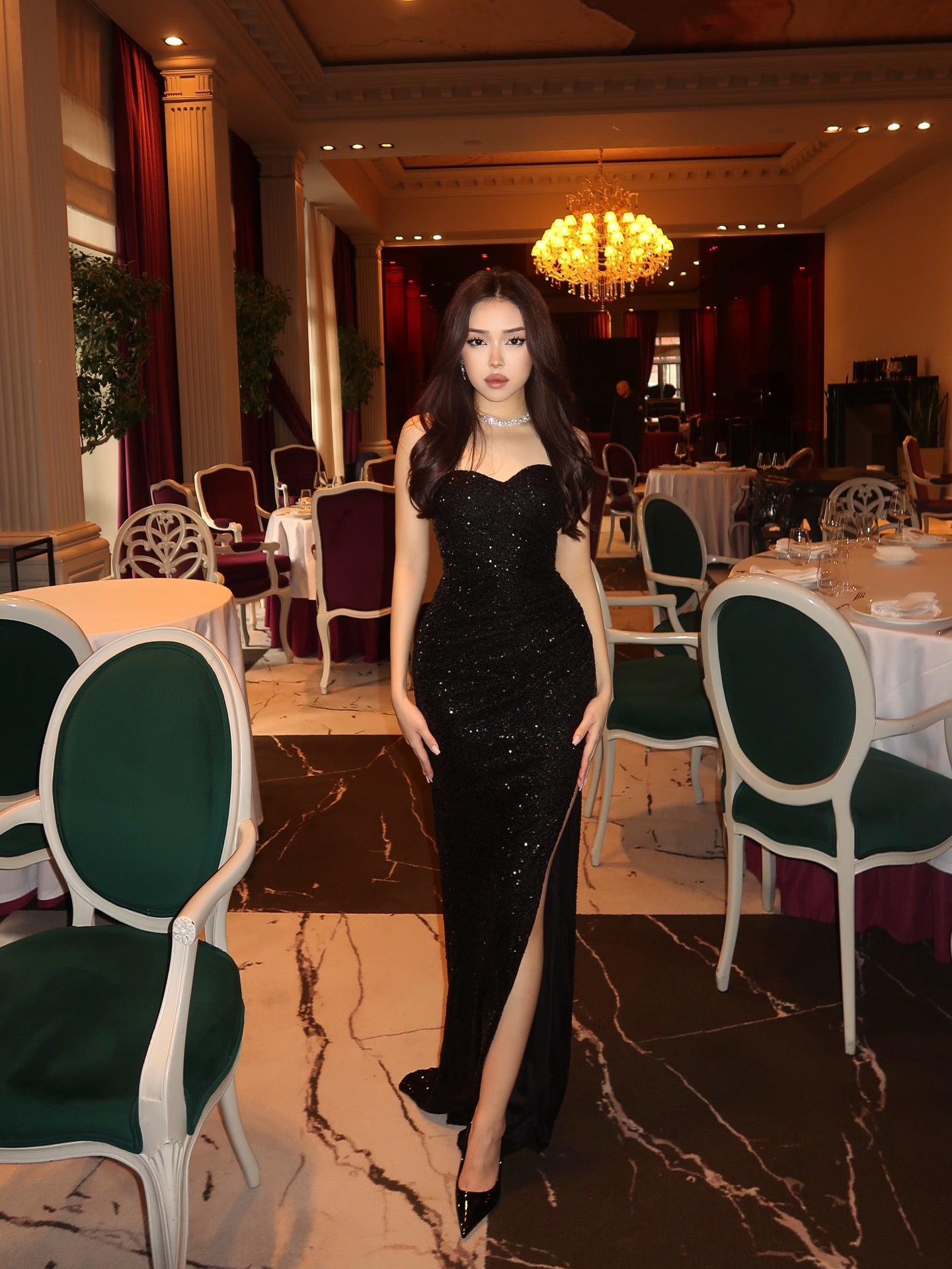 Strapless Sweetheart Sequin Maxi Gown with High Slit
