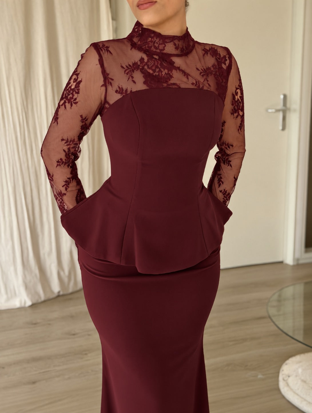 Lace Illusion High Neck Peplum Mermaid Gown
