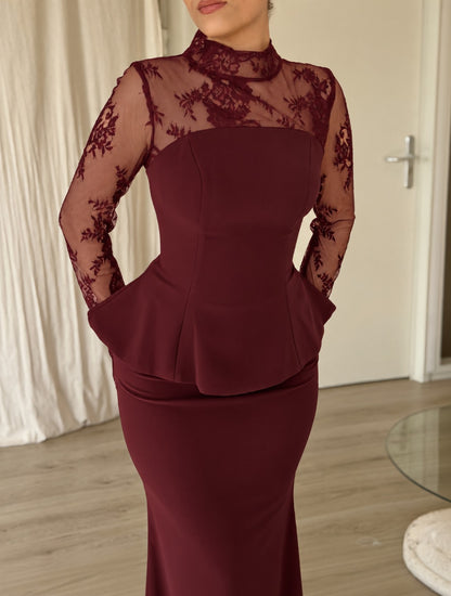 Lace Illusion High Neck Peplum Mermaid Gown