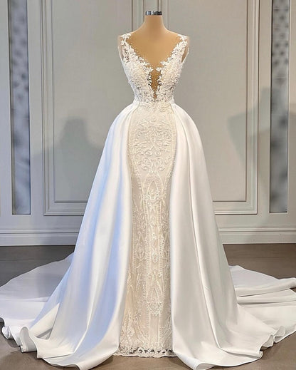 Lace Column Wedding Dress with Satin Overskirt