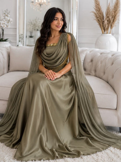 Draped Cowl Cape Evening Gown