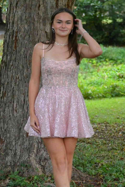 Sequin Corset Mini Dress with Lace-Up Back