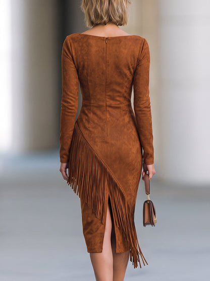 Fringe Hem Long Sleeve Midi Dress