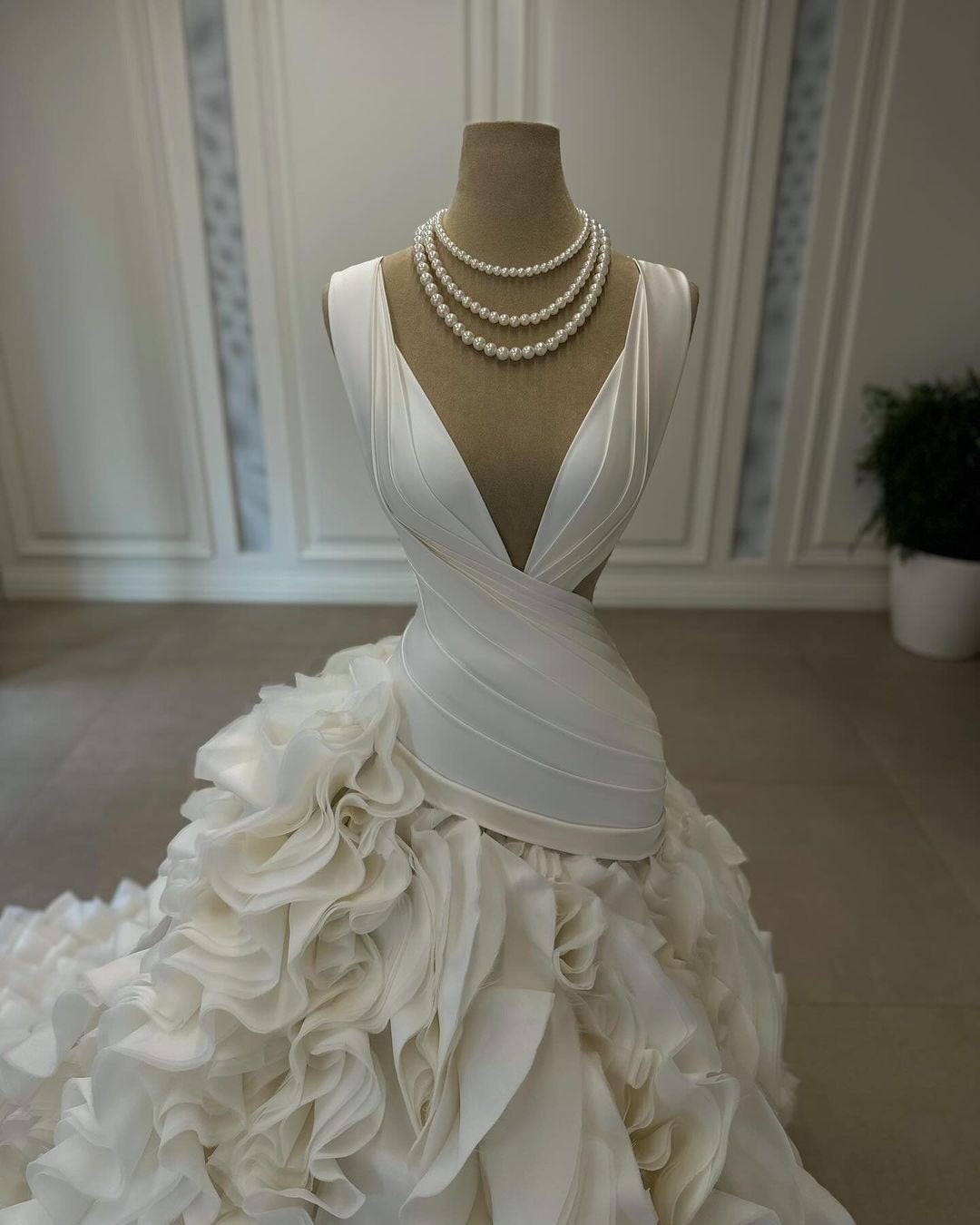 Deep V-Neck Pleated Bodice Ruffle Skirt Wedding Dress