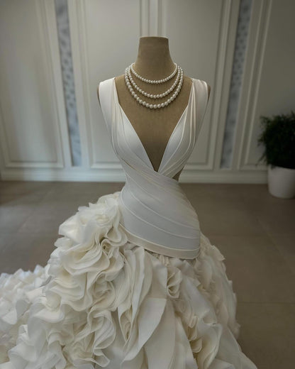 Deep V-Neck Pleated Bodice Ruffle Skirt Wedding Dress