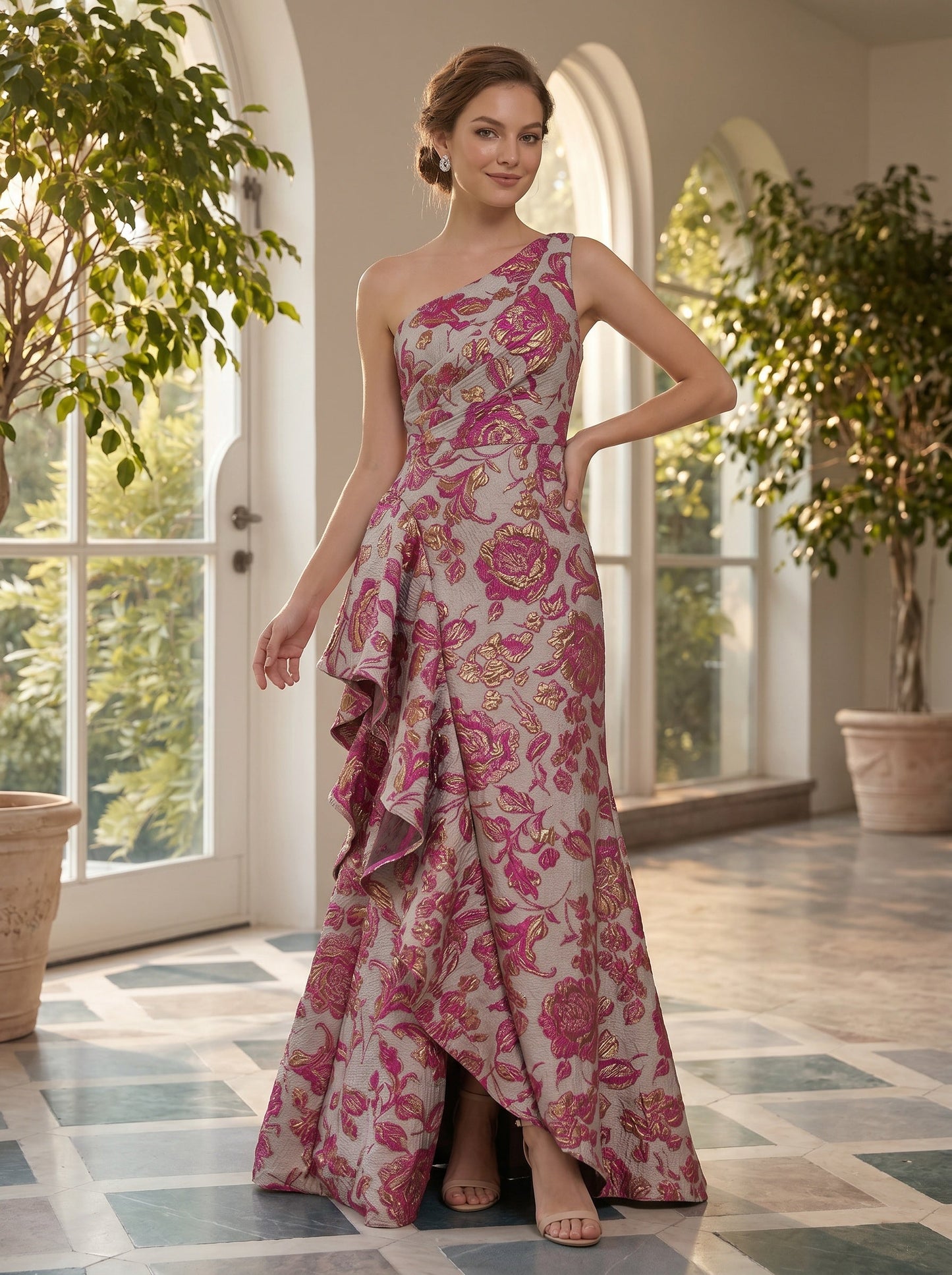 One-Shoulder Jacquard Gown with Cascading Ruffle