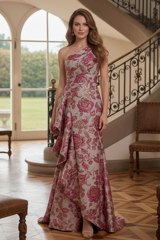 One-Shoulder Jacquard Gown with Cascading Ruffle