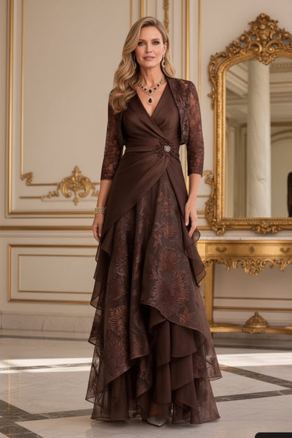 Tiered Formal Gown with 3/4-Sleeve Bolero Jacket