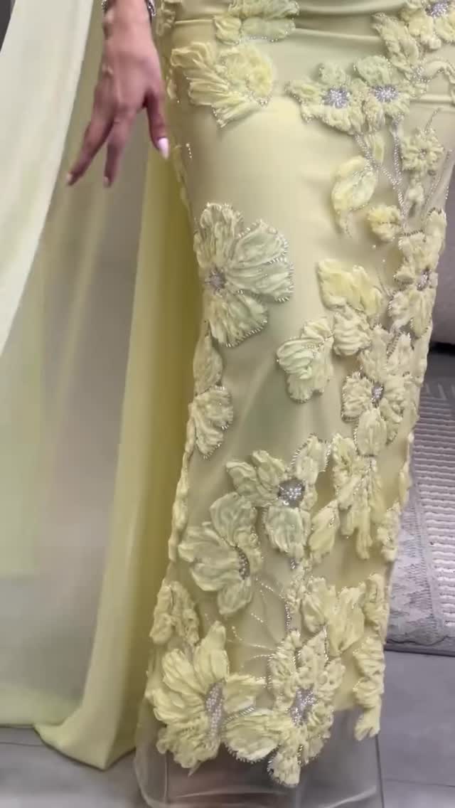 Floral Applique Draped Column Evening Gown