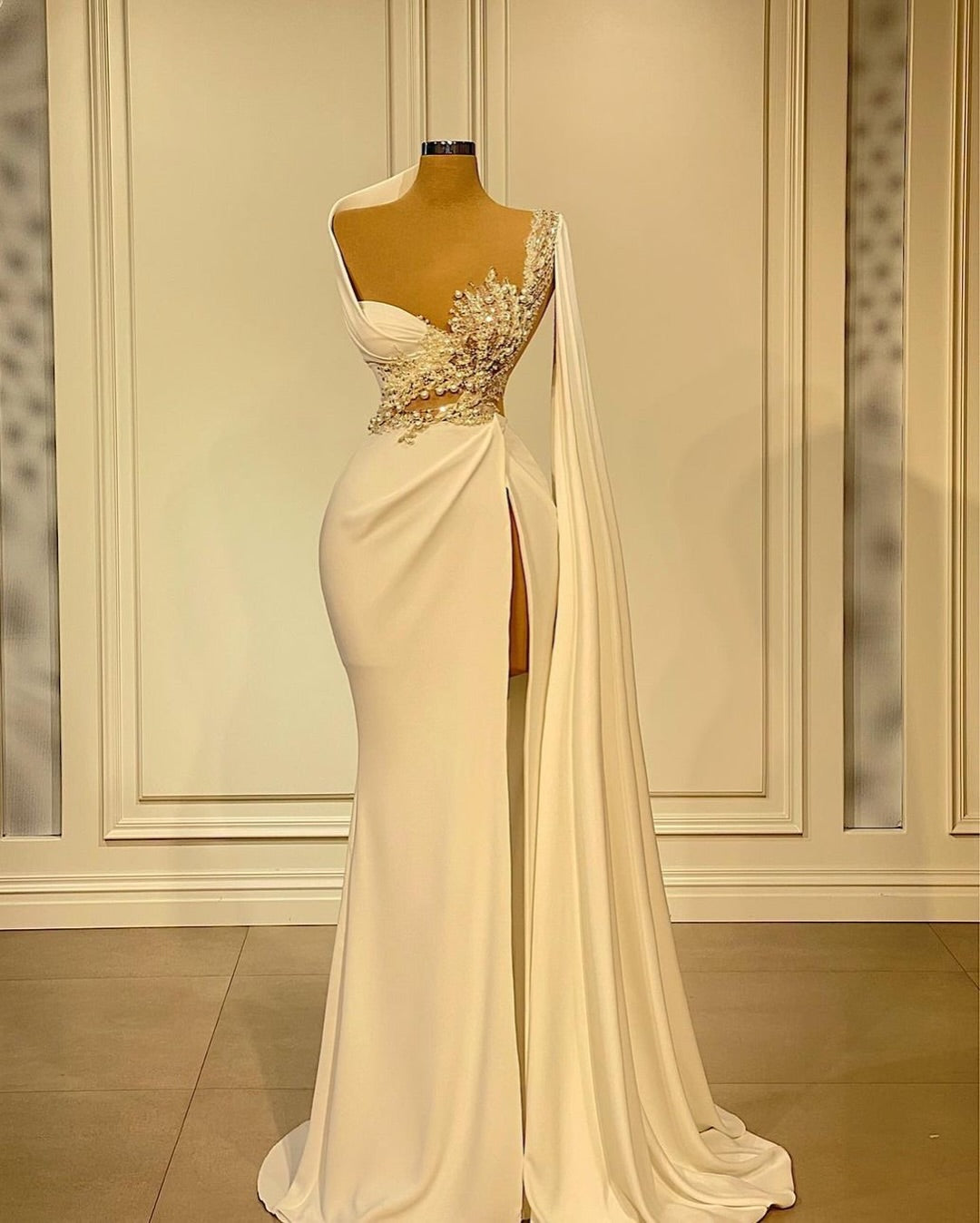 Beaded Cutout Asymmetrical Gown with Draped Cape