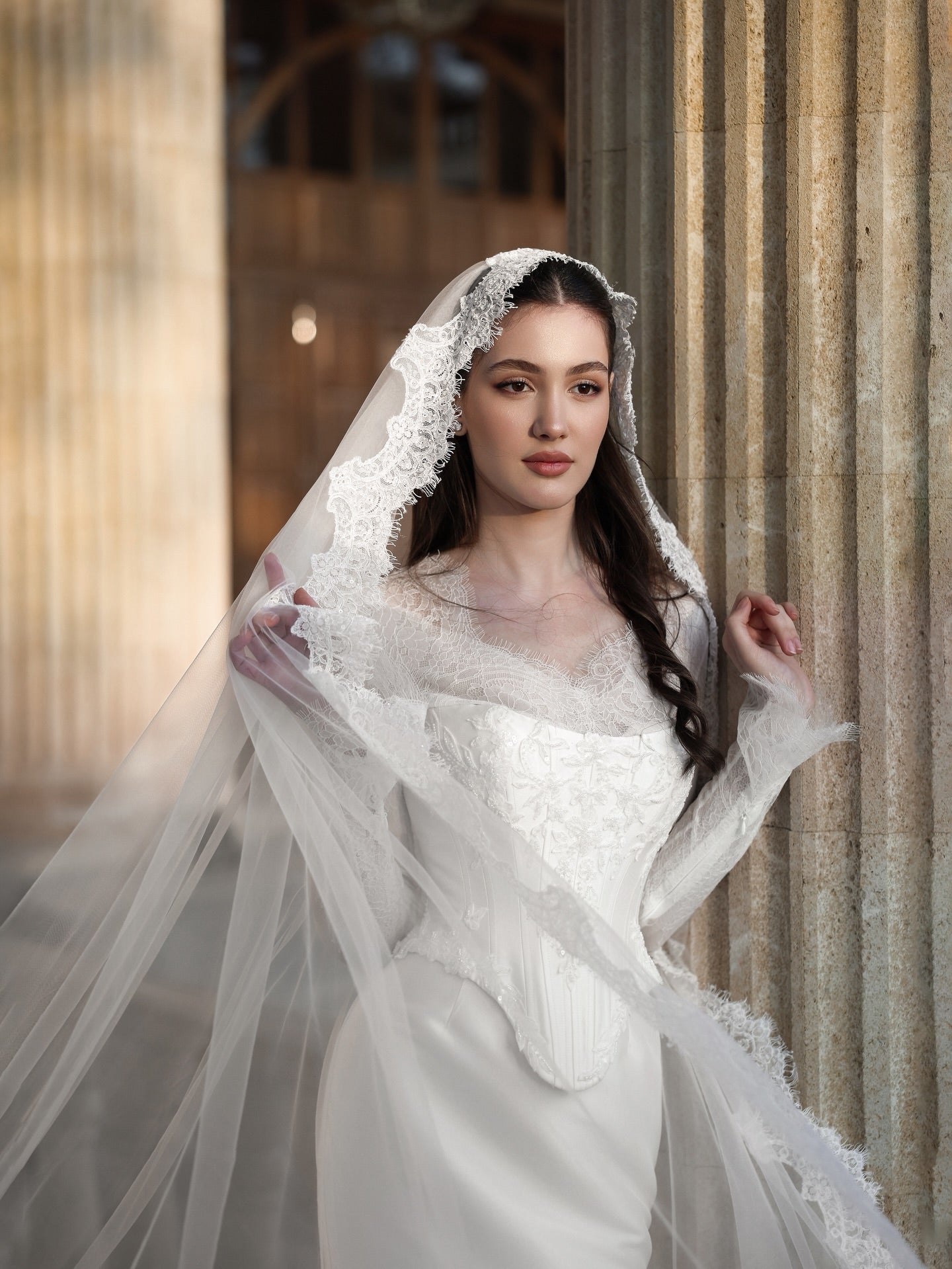 Long Sleeve Lace Corset Satin Trumpet Wedding Dress