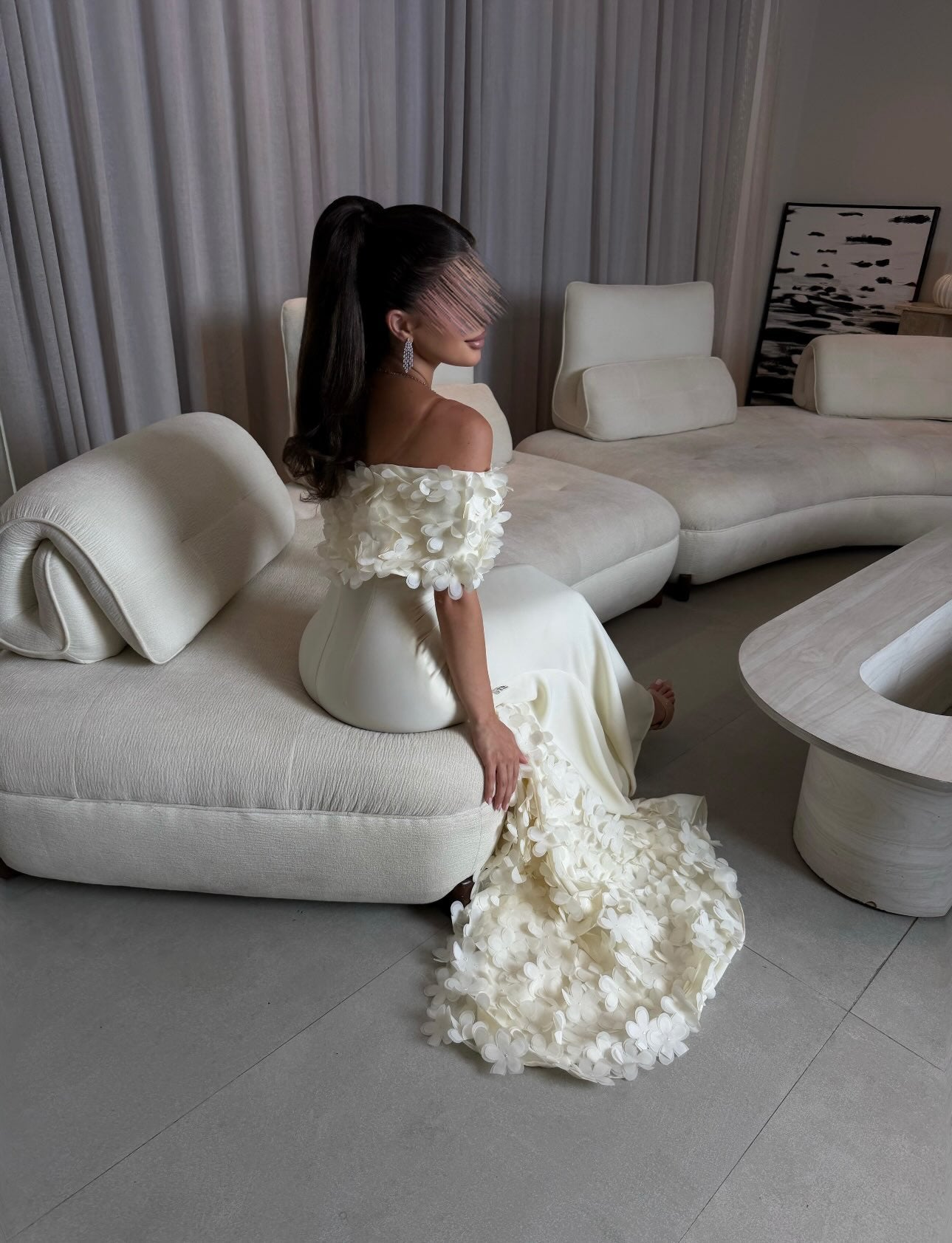 Off-the-Shoulder 3D Floral Crepe Evening Gown