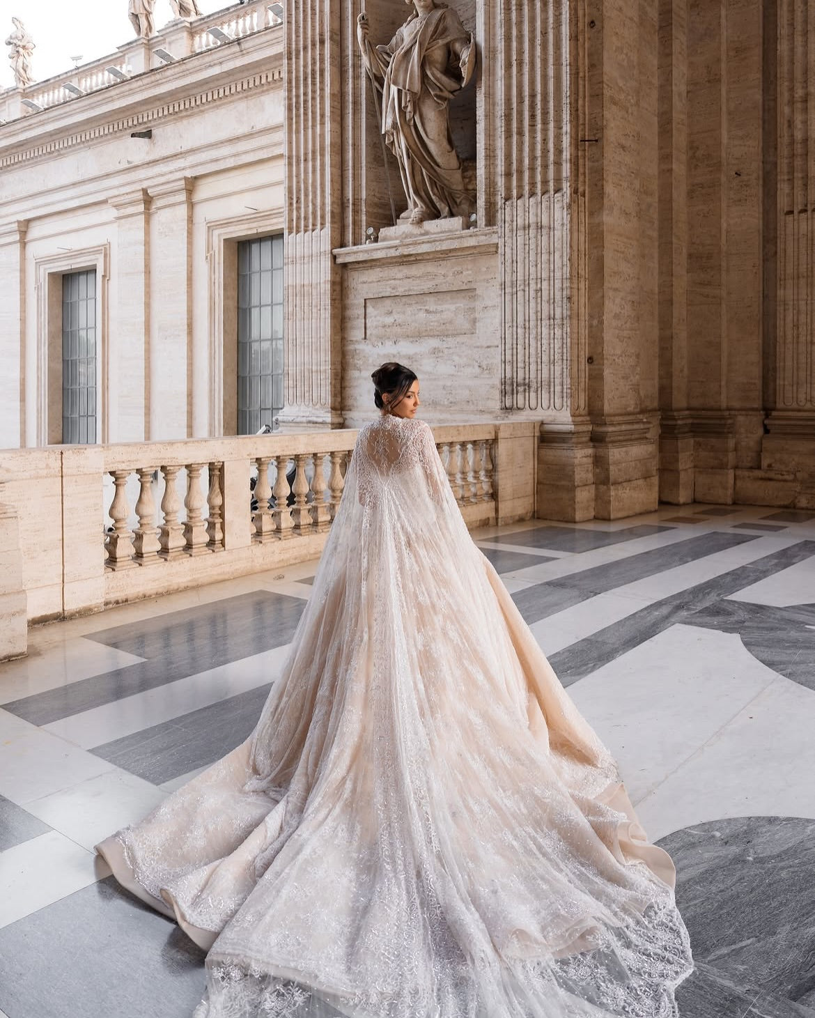 Embroidered Lace Ball Gown Wedding Dress with Cape