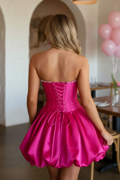 Strapless Pearl Trim Corset Bubble Mini Dress