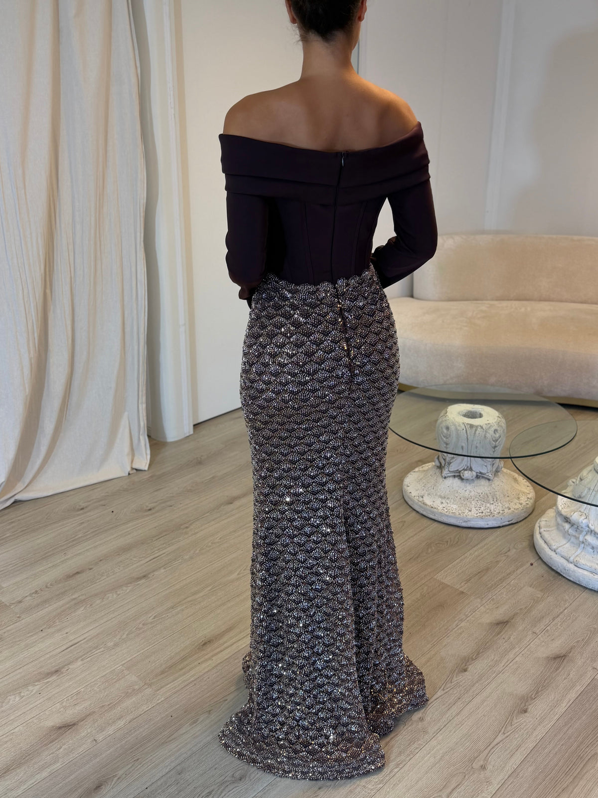 Off-the-Shoulder Corset Gown with Scalloped Sequin Skirt