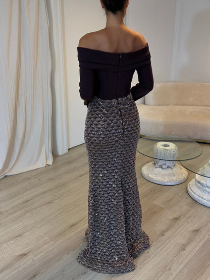 Off-the-Shoulder Corset Gown with Scalloped Sequin Skirt