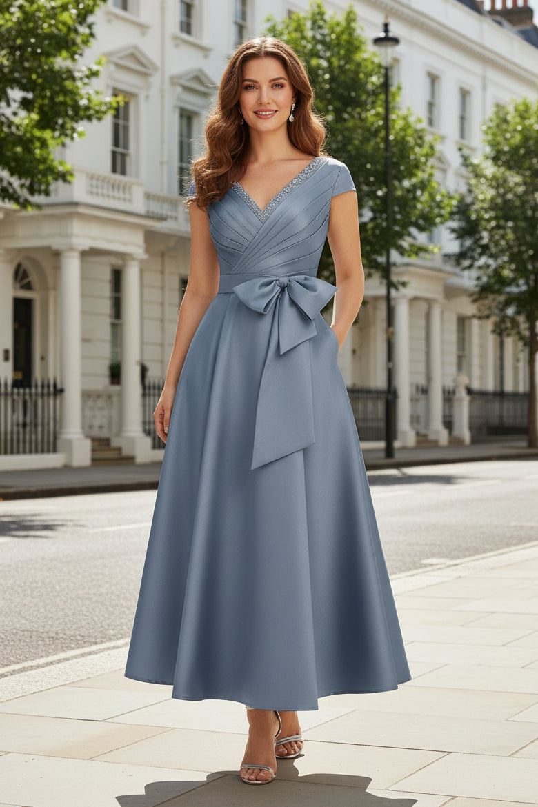 Satin A-Line Cocktail Dress with Bow Waist and Pockets
