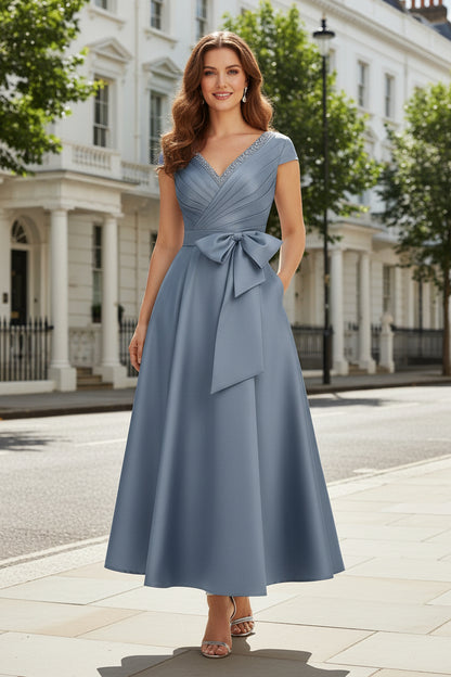 Satin A-Line Cocktail Dress with Bow Waist and Pockets