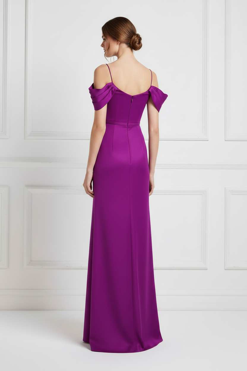 Pleated Off-Shoulder High Slit Formal Gown