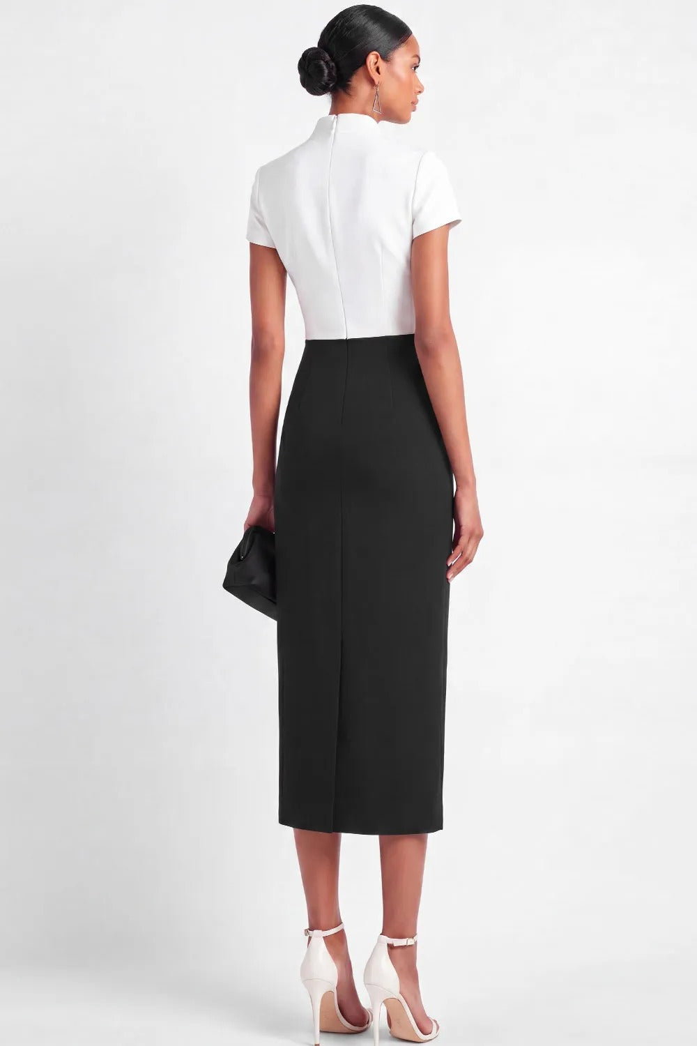 High-Neck Cutout Short-Sleeve Midi Sheath Dress