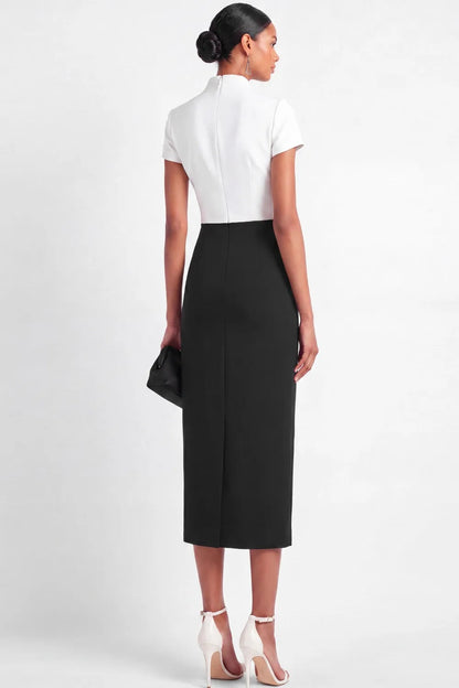 High-Neck Cutout Short-Sleeve Midi Sheath Dress