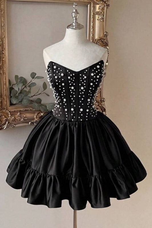 Strapless Pearl Corset Satin Mini Dress