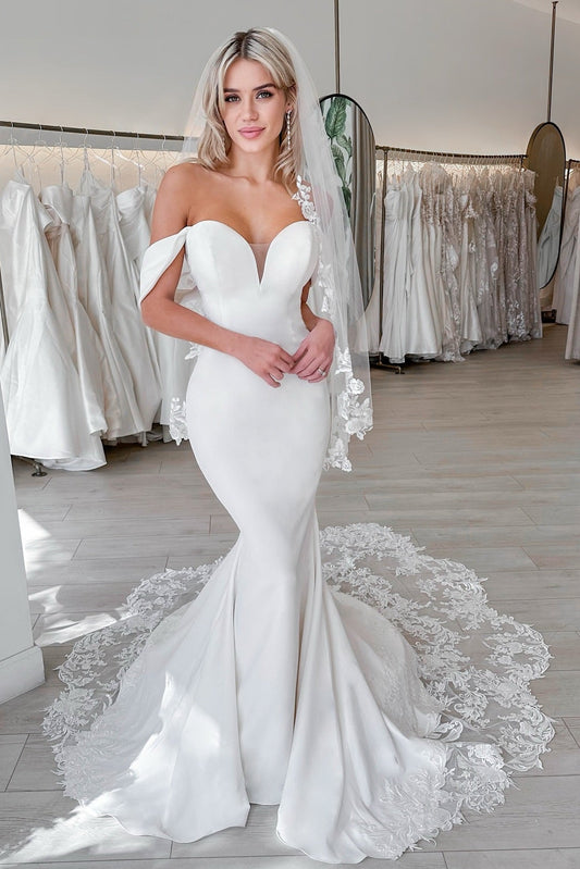 Off-the-Shoulder Mermaid Wedding Dress with Lace Train
