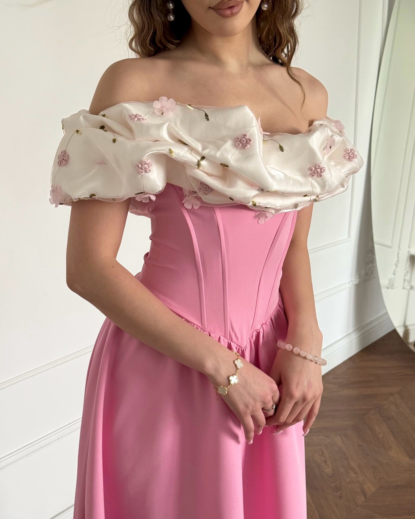 Off-the-Shoulder Corset Midi Dress with Floral Ruffle