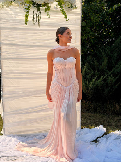 Strapless Corset Evening Dress with Scarf