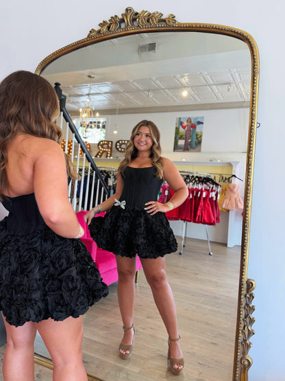 Strapless Corset Mini Dress with Rosette Skirt