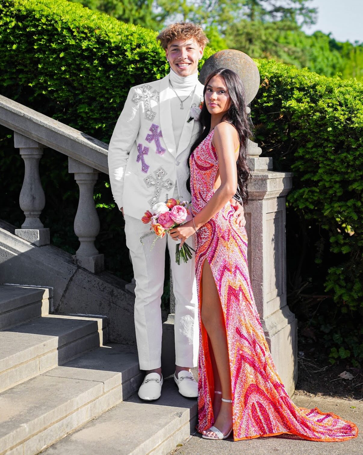 Patterned Sequin Open Back Formal Gown