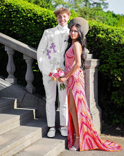 Patterned Sequin Open Back Formal Gown