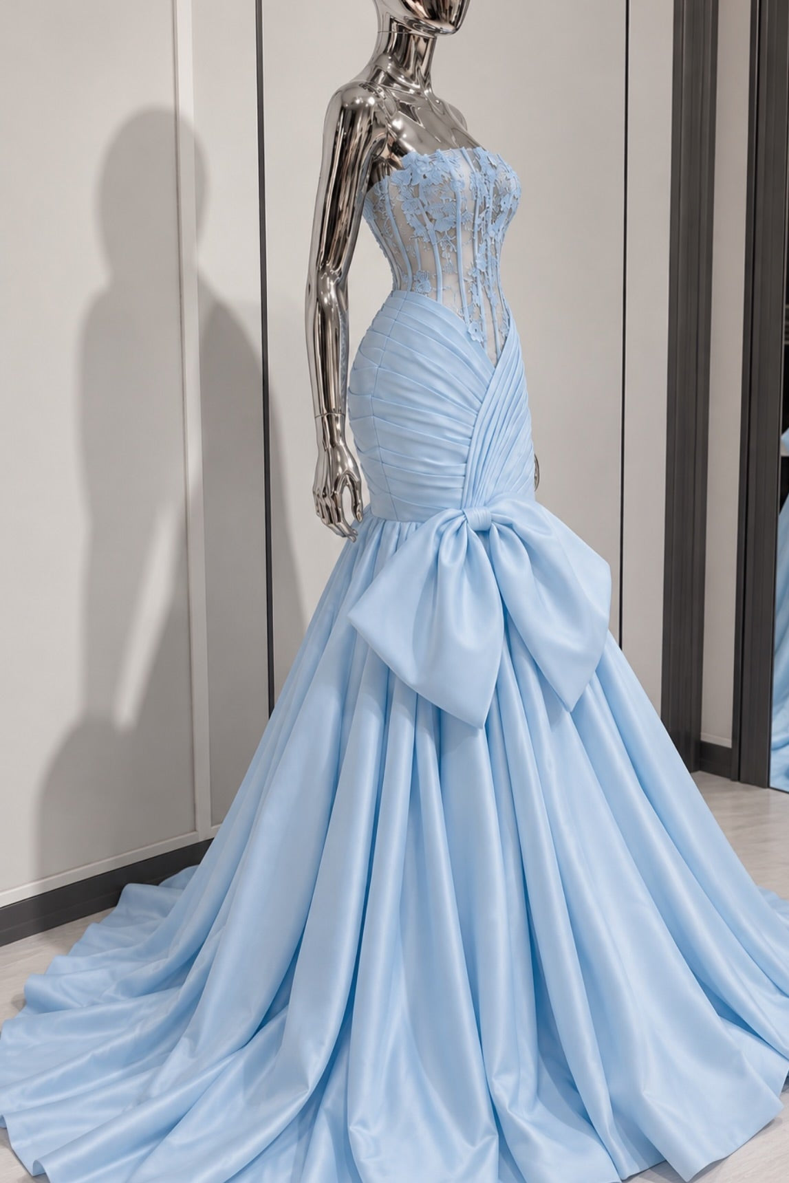 Strapless Corset Gown with Pleated Bow Detail