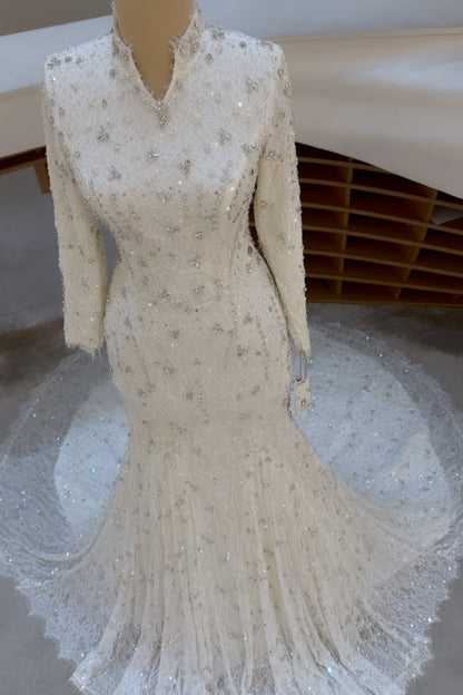 Beaded Lace High-Neck Long-Sleeve Mermaid Bridal Gown