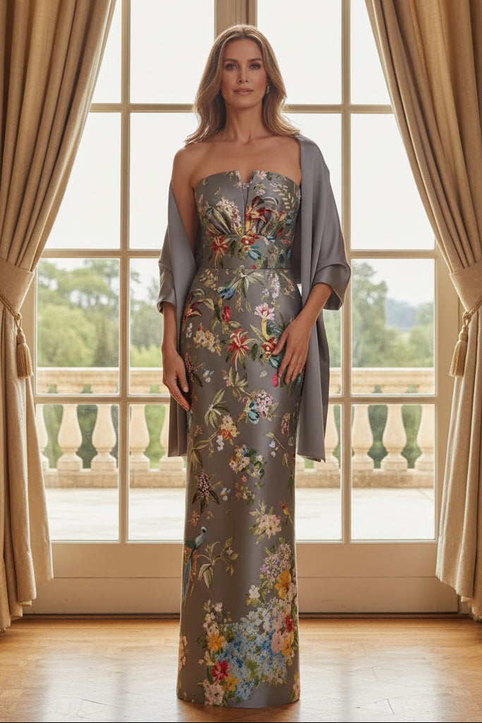 Strapless Floral Print Sheath Gown with Matching Shawl