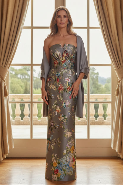 Strapless Floral Print Sheath Gown with Matching Shawl