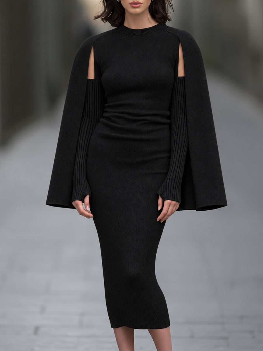 Cape Knit Midi Dress with Cutout Sleeves