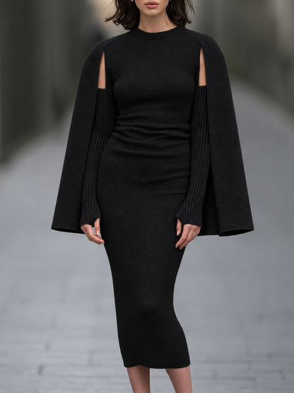 Cape Knit Midi Dress with Cutout Sleeves