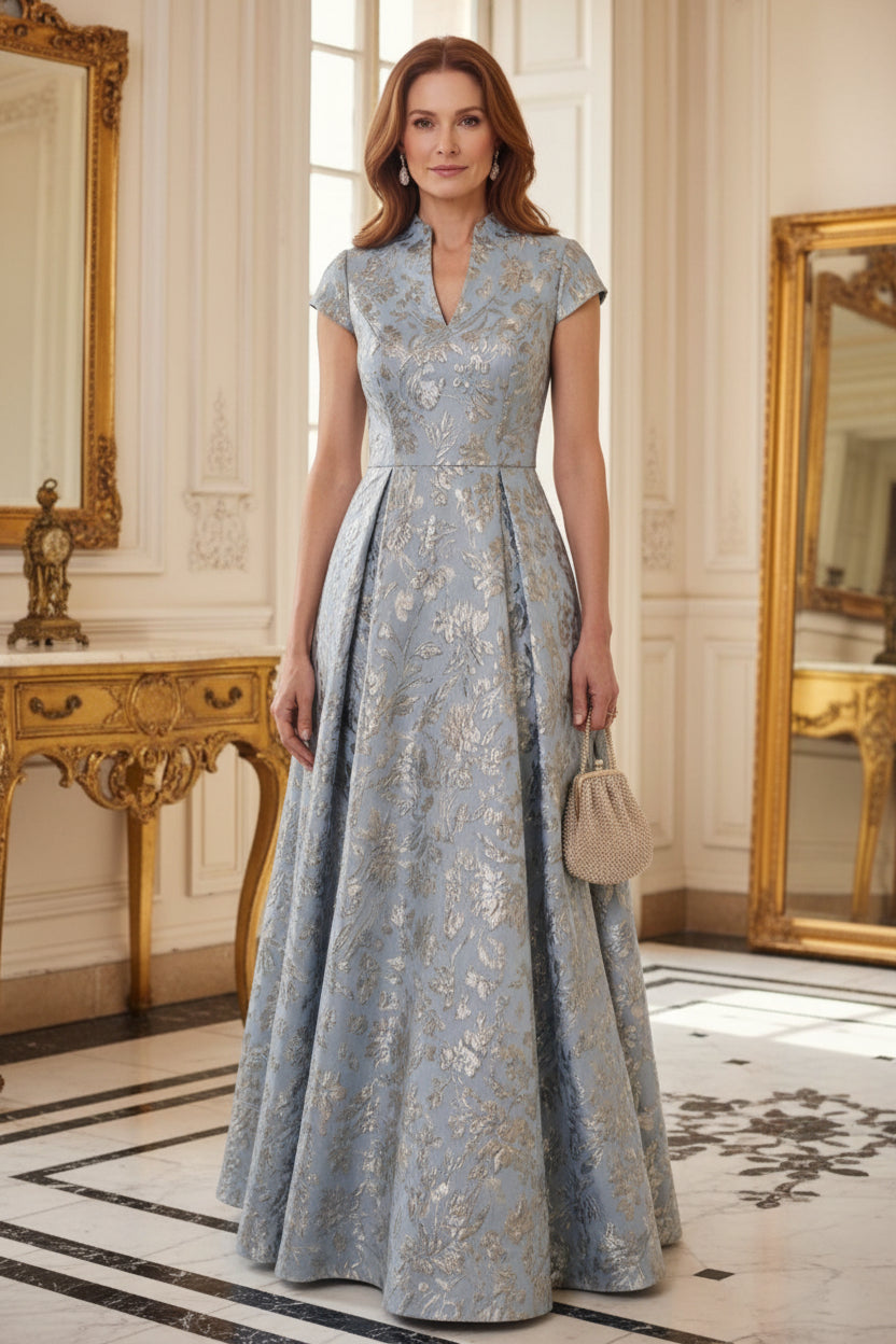 Cap Sleeve Jacquard A-Line Evening Gown
